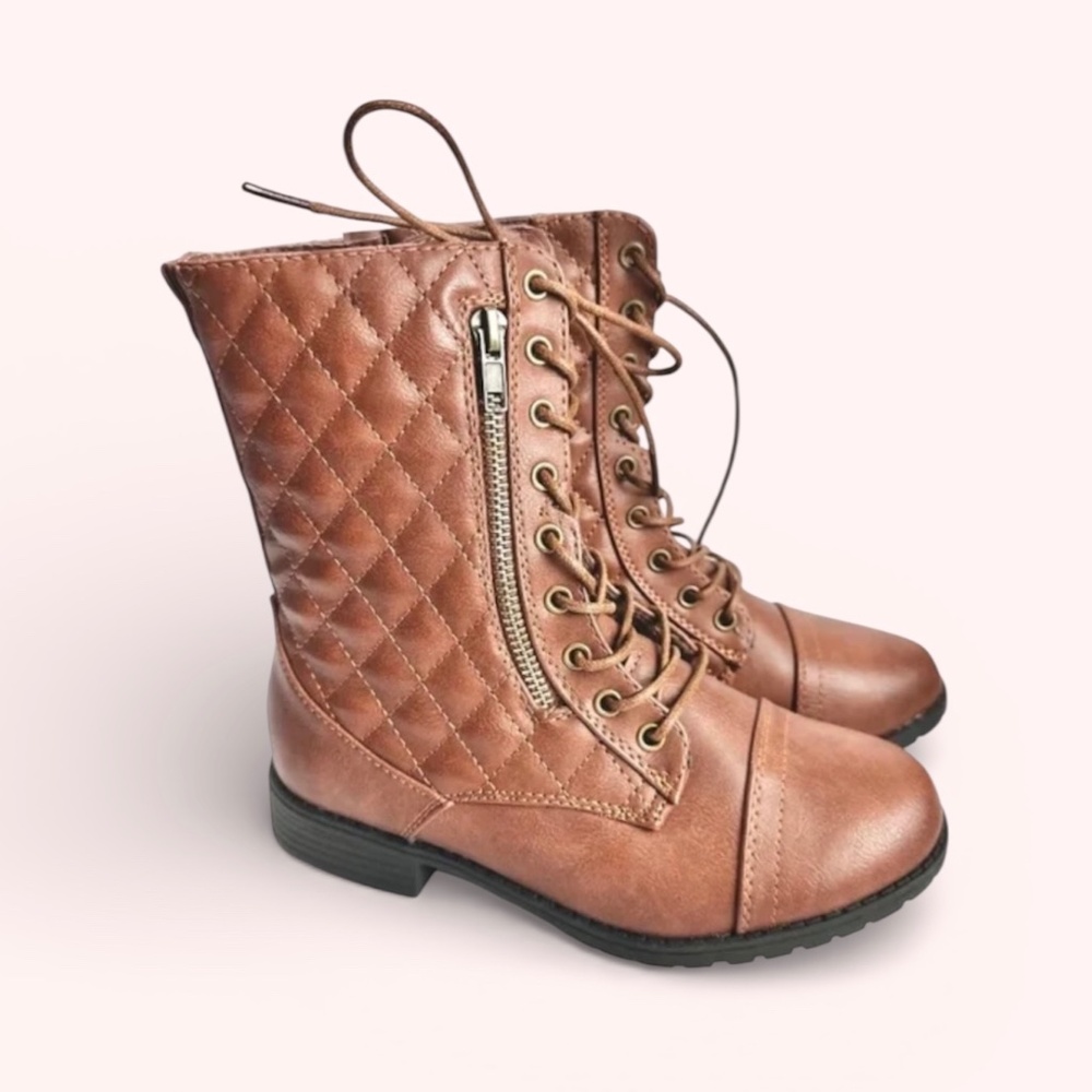 Quilted Combat Boots – Brown Faux Leather, Size 4 girls